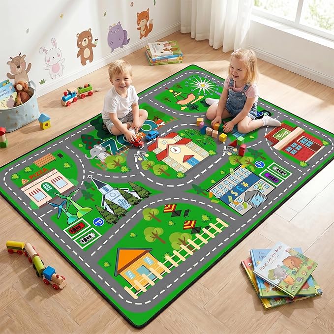 Kids Car Rug Play Mat 100×150cm (39×59 Inch), City Road Play Rug for Toddlers, Washable Non-Slip Car Track Playmat for Playroom, Bedroom, Nursery, Educational Floor Rugs for Kids, 3x5 Feet