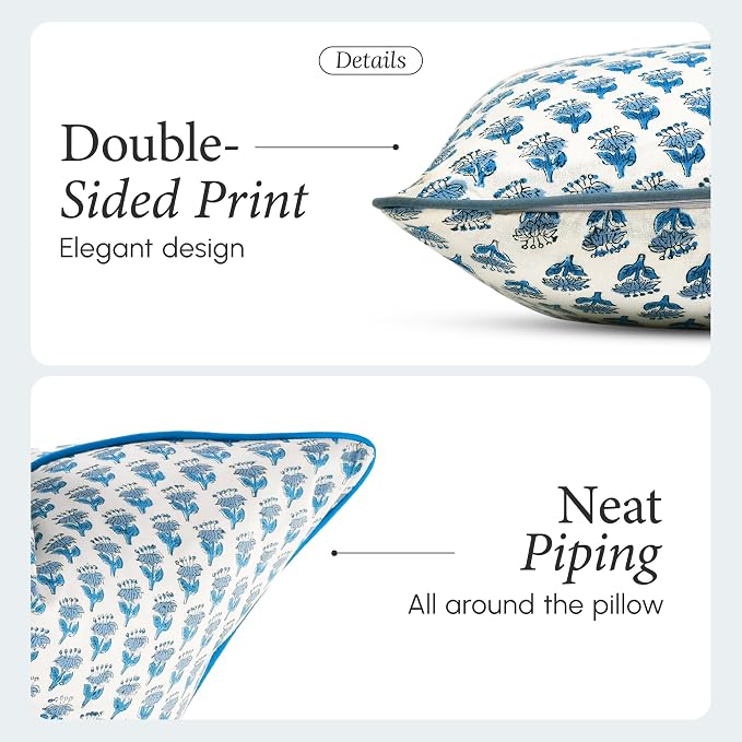 CPC 100% Cotton Throw Pillow Covers 24x24 Inch, Set of 2 Blue Block Print Pattern Couch Pillow, Cute Boho Decorative Pillows for Living Room, Bedroom with Hidden Zipper- Apatite Blue