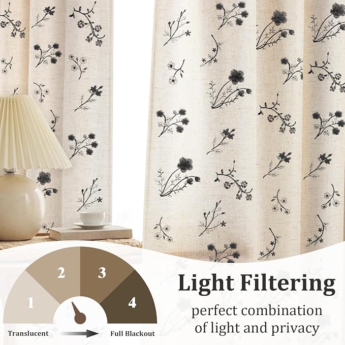 Black Floral Embroidered Linen Blend Curtains for Bedroom, 84 Inch Light Filtering Spring Farmhouse Vintage Drapes for Living Room Rod Pocket, Set of 2 Panels