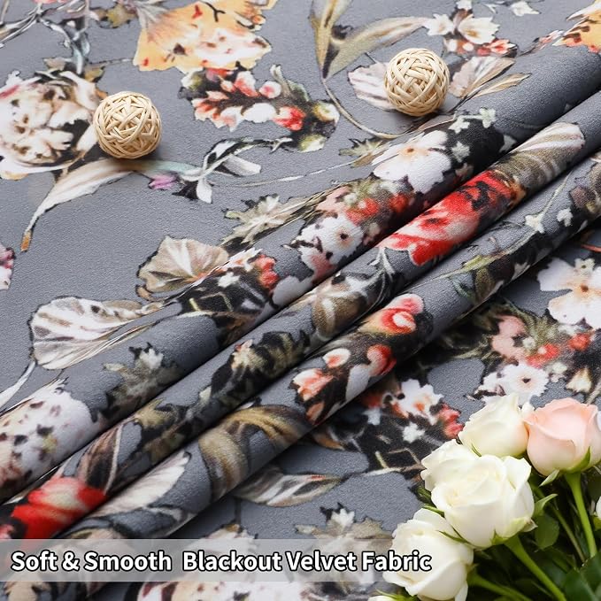 Estelar Textiler Grey Velvet Blackout Curtains 102 Inch Length for Living Room, Floral Printed Thermal Insulated Grommet Luxury Drapes for Bedroom Elegant Interior Decoration, Gray, 52Wx102L, 2 Panels
