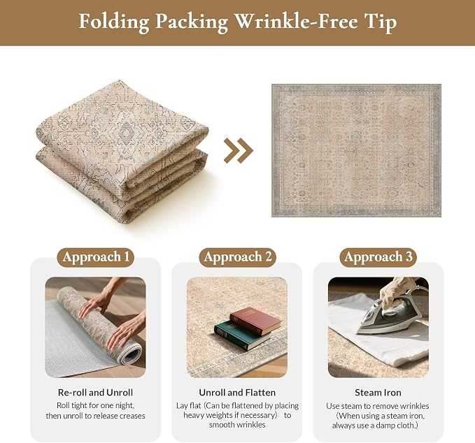 GENIMO 8x10 Area Rugs for Living Room, Machine Washable Non Slip Vintage Rugs, Low Pile Lightweight Chenille Print Rug for Bedroom, Dining Room, Home Office, Oatmeal Beige