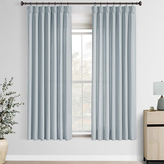 Greyish Blue Pinch Pleated Linen Curtains 63 Inch Length 2 Panels for Living Room Bedroom Textured Semi Sheer Drapes Pinch Pleat Rings Window Curtain 40x63