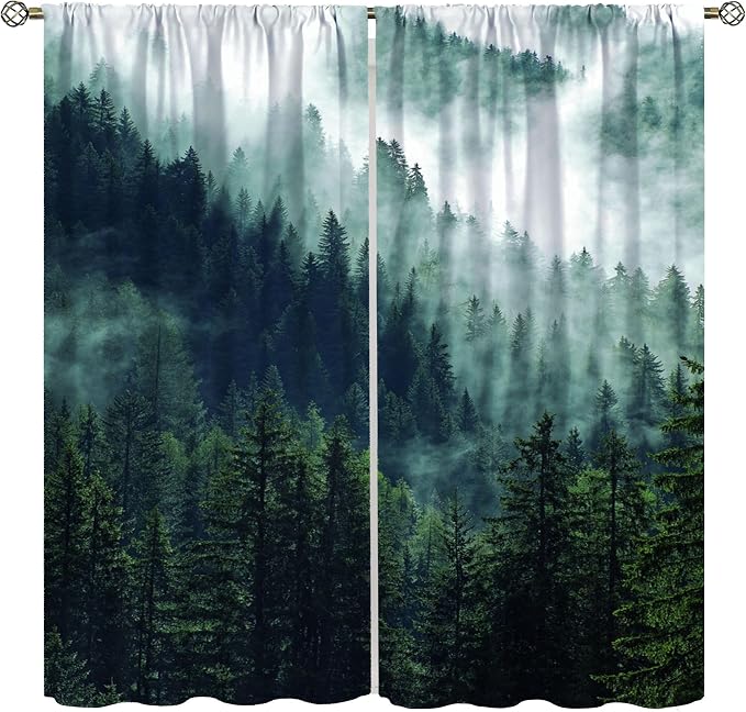 Green Forest Curtains, Watercolor Mountains Nature Forest Plants Trees Flying Birds Window Treatments Drapes for Kids Boys Girls Living Room Bedroom Nursery 42x45in（No Blackout）