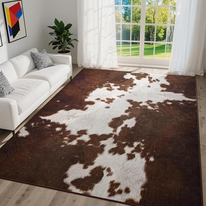 DweIke Cow Print Rugs for Living Room, 5x7 Soft Faux Animal Cowhide Area Rug, Washable Non-Slip Stain Resistant Throw Carpet for Dining Room Office Western Home Decor, Red Brown