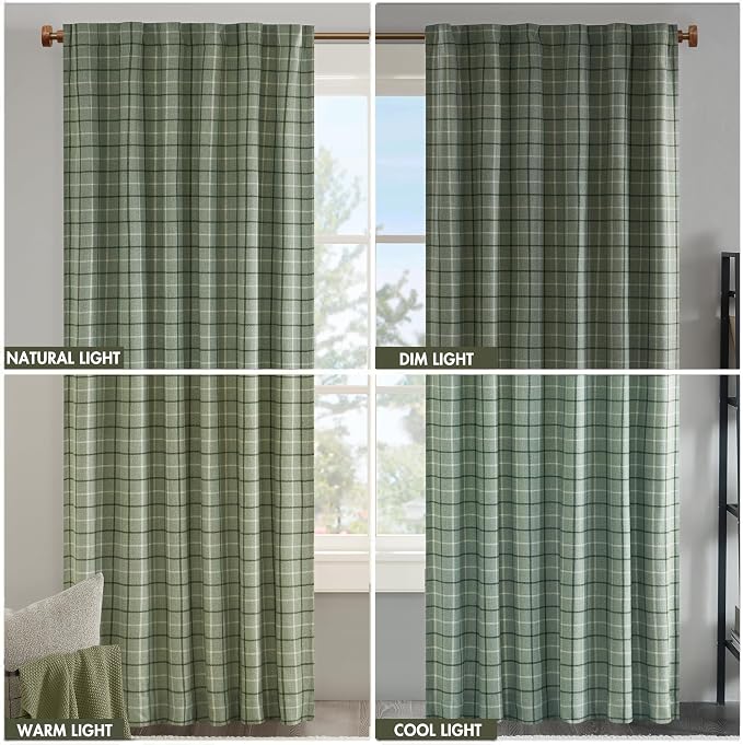 Madison Park Anaheim Cabin Plaid Curtain Window, Thermal Insulated Fleece Lining, Living Room Decor Room Darkening Drape for Bedroom, 1-Single Panel Pack, 50x108, Rod Pocket & Back Tab, Green