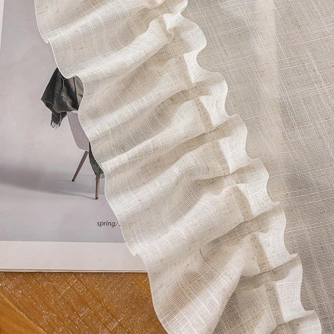 Extra Long Ruffle Curtains 108 Inches Long 2 Panels, 58x108 Inch, Natural Linen Textured Ruffled Curtains for Living Room Rod Pocket Privacy Light Filtering Cottagecore Semi Sheer Flowy Window Drapes