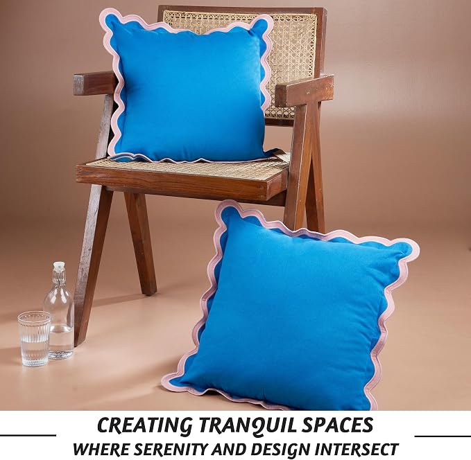 Folkulture Throw Pillow Covers 20x20 Set of 2 | Cotton, Cute Blue Pillow Covers for Couch | Aesthetic, Preppy Scalloped Decorative Pillows for Living Room Décor, Hannah Montana Party Decorations