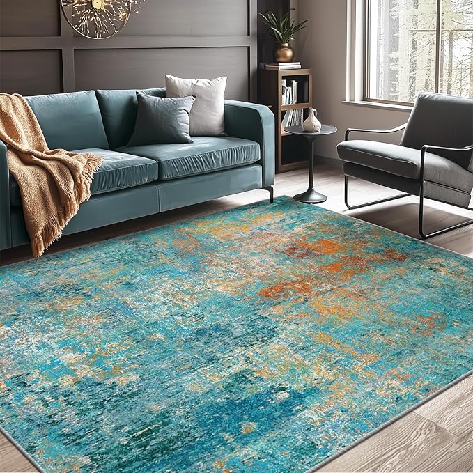 RELEANY Washable Area Rugs 5'x8' Non-Slip Modern Abstract Soft for Living Room Entryway Bedroom Kitchen, Print Pattern, Teal Blue Green Orange Rust Red Colorful