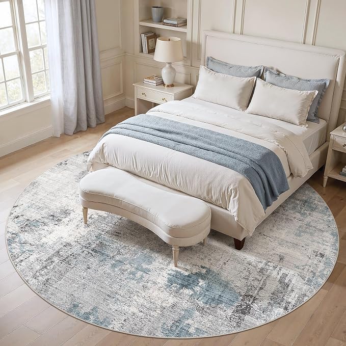 Abstract 10FT Round Rug: Machine Washable Non Slip Ultra Thin Low-Pile Carpet, Soft Stain Resistant for Living Dining Room Bedroom, Kid Pet Friendly, Robot Vacuum Compatible - Grey Blue