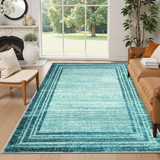 Lahome Amabel Modern Abstract 6x9 Area Rugs for Living Room, Washable Teal Bedroom Rug 6x9 Non Shedding, Low-Pile Soft Minimalist Bordered Indoor Large Carpet for Dining Room Playroom