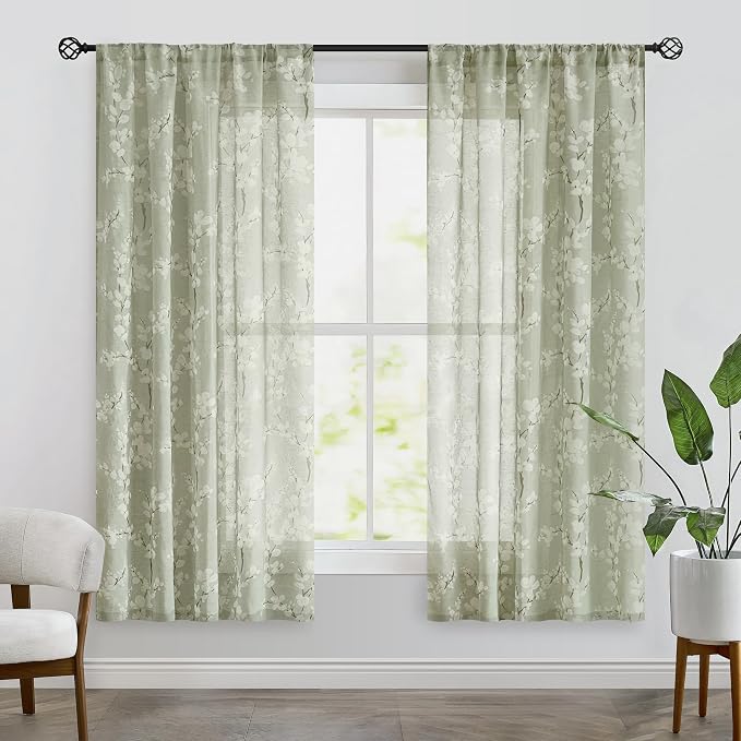 FMFUNCTEX Linen Sheer Curtains for Bedroom, Sage Green Blossom Print Curtains 63 Inch Length for Living Room, Floral Patterned Farmhouse Curtain Light Filtering Window Drapes 2 Panels, Rod Pocket