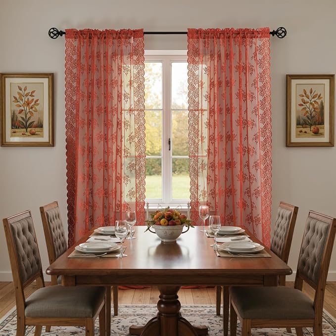 Kotile Burnt Orange Curtains 72 Inch Length, Country Rustic Floral Patterned Rust Orange Sheer Curtains for Bedroom, Rod Pocket Privacy Lace Sheer Fall Curtains, 52 x 72 Inch, 2 Panels, Rust Orange