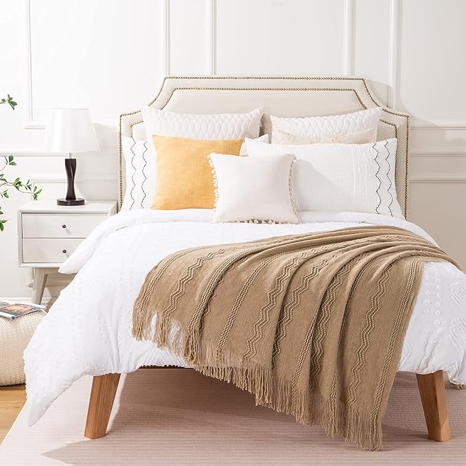 BATTILO HOME Tan Throw Blanket for Bed, Boho Decorative Blanket for Couch, Taupe Throw Blanket for Home Decor, 50"x60"