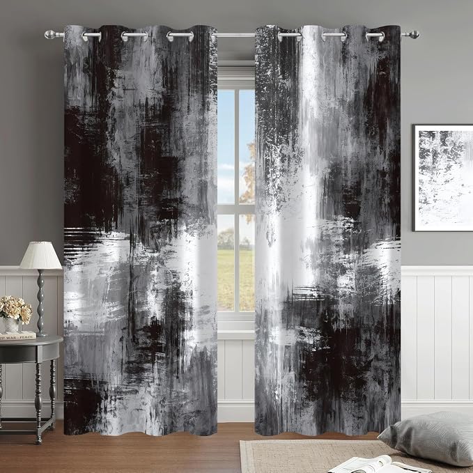 Abstract Black and Grey Blackout Curtains, Boho Retro Rust Gray Neutral Modern Geometric Darkening Thermal Insulated Grommet Light Blocking Drape Decor, 52 x 84 Inch Long 2 Panels