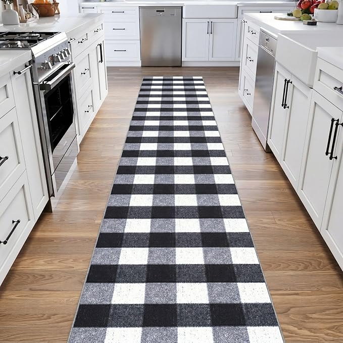 Ottomanson 2'7" x 20' Extra Long Hallway Runner Rug – Non Slip Low Pile Carpet Runner for Hallways, Corridors & Narrow Spaces, Buffalo Plaid Black/White