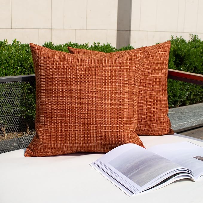 Kevin Textile Outdoor Waterproof Throw Pillow Covers 26x26 Inch Pack of 2 Woven Faux Linen Farmhouse Decorative Euro Shams Water Resistant Cushion Covers for Tent Patio Garden Couch Sofa Burnt Orange