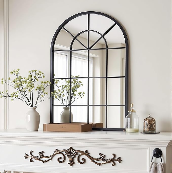 Arch Wall Mirror Mounted Decorative, 30"x42", Arched Window Pane Mirror for Wall-Mounted for Entryway, Bathroom Vanity, Living Room or Bedroom, Iron Frame, Black