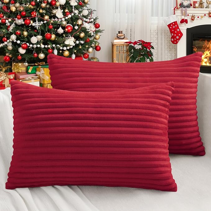 Simmore Decorative Fall Throw Pillow Covers 12x20 Set of 2, Soft Natural Plush Flannel Double-Sided Fluffy Rectangle Pillow Covers for Couch Sofa Living Room, Red