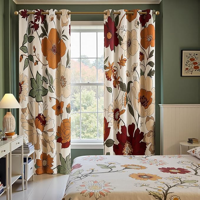 jinchan Lora Floral Curtains for Bedroom Blackout Drapes for Living Room Darkening Fabric Vintage Beige Boho Flower Pattern Fall Decor Window Curtains 96 Inches Length 2 Panels with Grommet