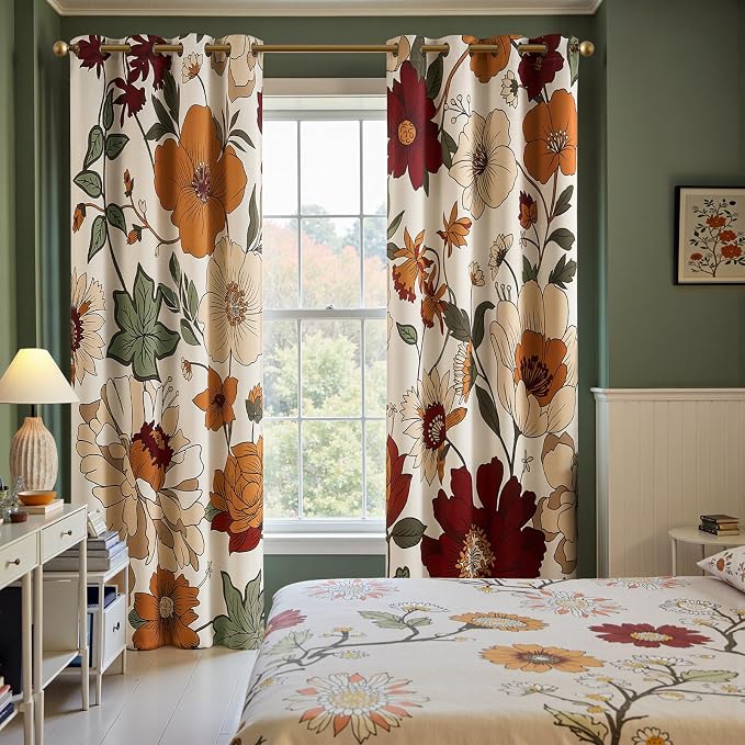 jinchan Lora Floral Curtains for Bedroom Blackout Drapes for Living Room Darkening Fabric Vintage Beige Boho Flower Pattern Fall Decor Window Curtains 84 Inches Length 4 Panels with Grommet