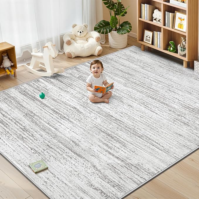 Area Rug 9x12 Living Room Rugs: Washable Modern Rug Large Non-Slip Soft Rugs Stain Resistant Printed Rug Indoor Carpet for Bedroom Kitchen Dining Room Nursery Playroom Home(Grey, 9'x12')