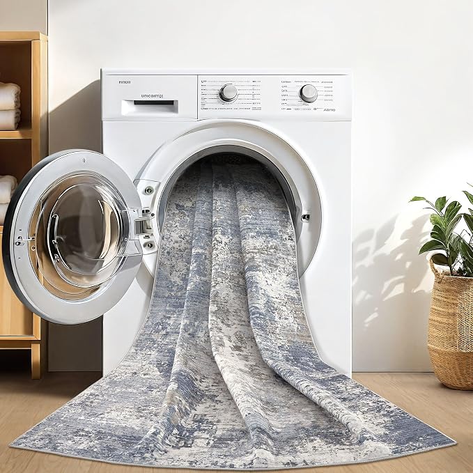 Area Rugs 8x10 Living Room: Washable Large Abstract Modern Neutral Soft Rug Stain Resistant Non-Slip Backing Carpet for Bedroom Dining Room Nursery Home Office Decor - Light Denim Blue