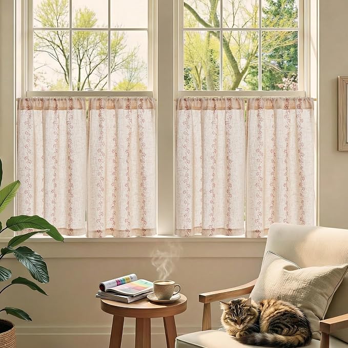 jinchan Katy Linen Floral Kitchen Curtains 30 Inches Length Stripe Cafe Curtains Farmhouse Cottagecore Tier Small Window Drapes for Living Room Light Filtering Rod Pocket 2 Panels Terracotta on Linen