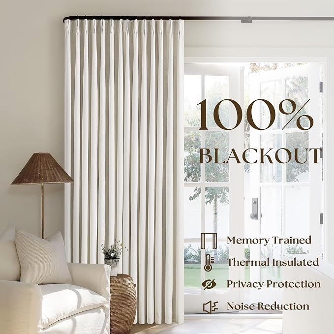 Natural Linen Pinch Pleated Full Blackout Curtains Linen Blend Room Darkening Window Curtains 94 Inch for Living Room Bedroom Thermal Insulated Back Tab Pinch Pleat Drapes with Hooks Rings 2 Panels