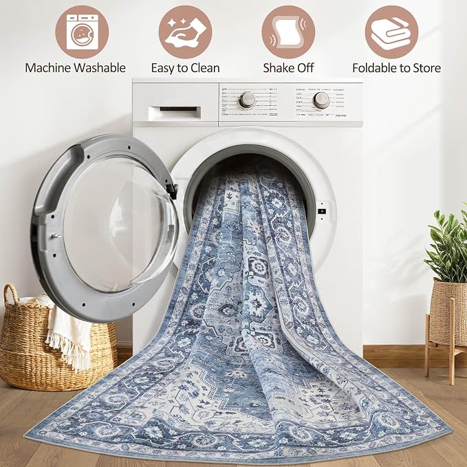 10x14 Area Rugs Living Room: Washable Boho Large Neutral Vintage Soft Rug Stain Resistant Farmhouse Non-Slip Indoor Floor Retro Carpet for Bedroom Nursery Kids Office Dining Room- Blue Gray