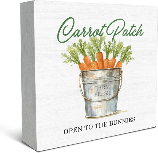 SRADMO Easter Sign, Carrot Patch Easter Wood Box Sign Desk Decor, Easter Carrot Decorations, Farmhouse Easter Theme Wooden Block Box Sign Decoration for Home Office Shelf Table Decor