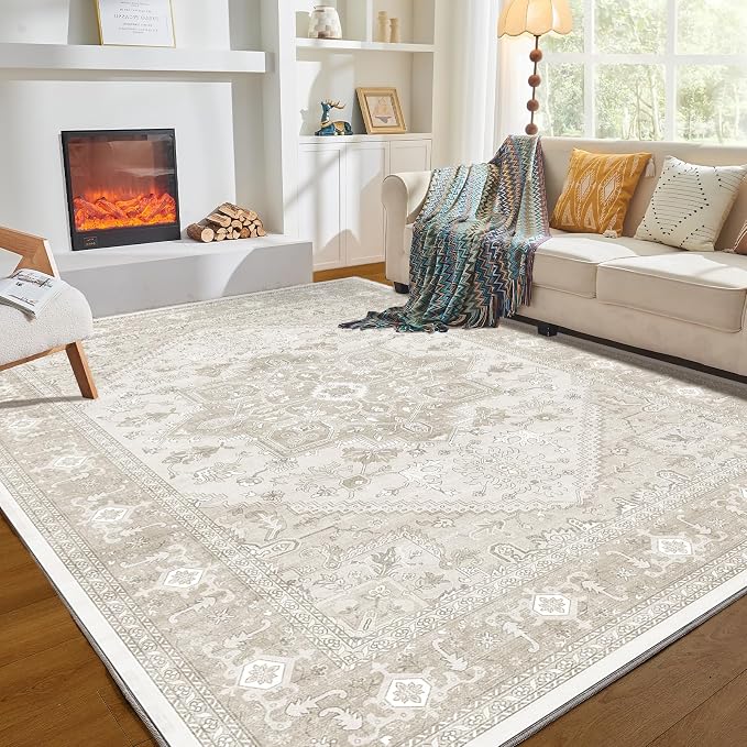 OPPODREAM Soft 9x12 Area Rugs for Living Room, Washable 9x12 Rugs for Bedroom with Non Slip Backing, Faux Cashmere Low-Pile 9 x 12 Carpet, Beige
