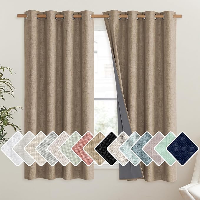 NICETOWN Burlap Vintage Open Linen Weave Flax Thermal Curtains, 100% Blackout Curtains 48" Long for Dining Room, Soundproof Window Treatment Drapes for Hall Room, 52" Wide Per Panel, Set of 2