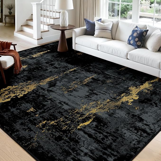 RELEANY Washable Area Rugs Square 10ft Non-Slip Modern Abstract Soft for Living Room Entryway Bedroom Kitchen, Print Pattern, Dark Black Gold