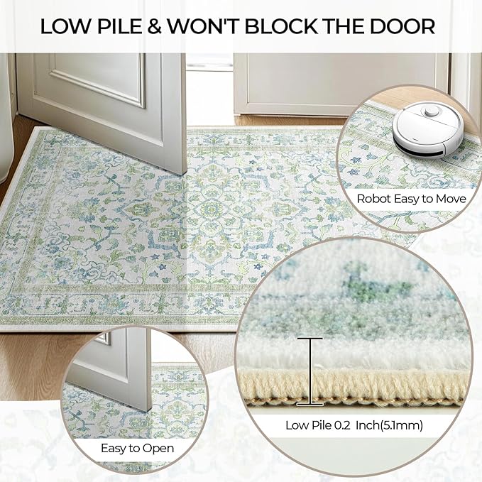 CAPALOCA Machine Washable Rugs Nursery Rug Sq4ft Cute Girl Non Slip Low Pile Water Repellent Soft Print Pattern for Bedroom Indoor Decor Kids Playroom Green Blue