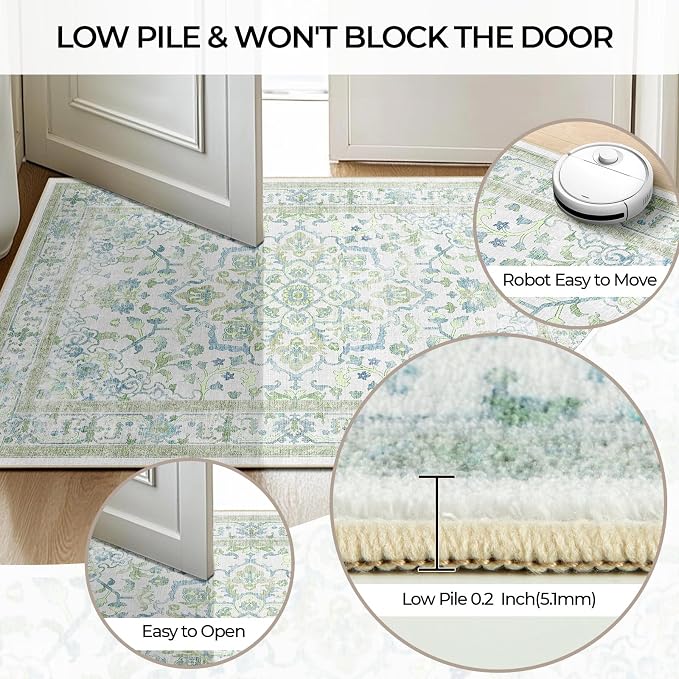 CAPALOCA Machine Washable Rugs Nursery Rug Sq8ft Cute Girl Non Slip Low Pile Water Repellent Soft Print Pattern for Bedroom Indoor Decor Kids Playroom Green Blue