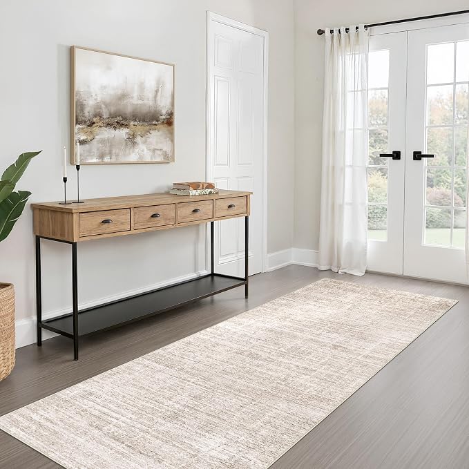 Runner Rug Non-Slip Kitchen Rug: 2x6 Washable Abstract Modern Soft Stain Resistant Indoor Floor Neutral Accent Throw Carpet for Hallway Bathroom Laundry Room Bedroom Entryway- Beige