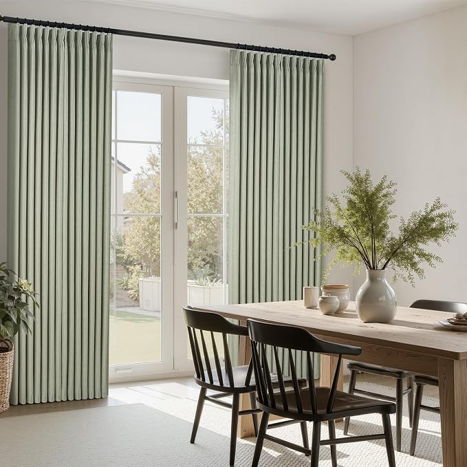 96 Inches Long Pinch Pleated Semi Sheer Curtains,Green Linen Blended Light Filtering Window Curtains 96 Length 2 Panels for Living Room Bedroom Pinch Pleat Drapes with Hooks 2 Panels 40" Wx96 L