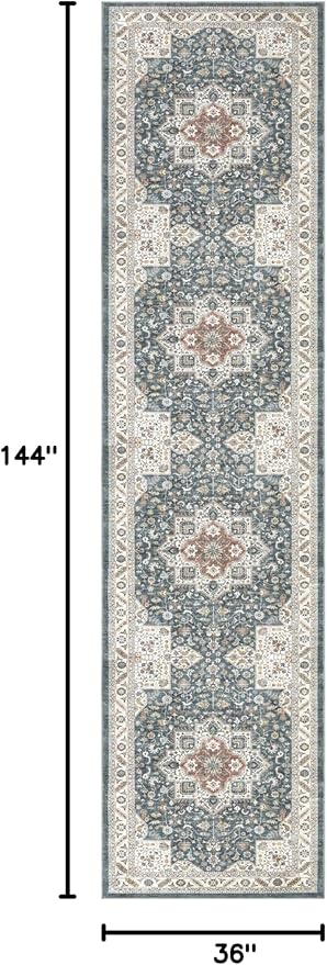 Vintage Hallway Runner Rug 3x12: Large Soft Washable Entryway for Kitchen Laundry Room Non-Slip Backing Runner for Entrance Living Room Bedroom Bathroom - Vintage Blue