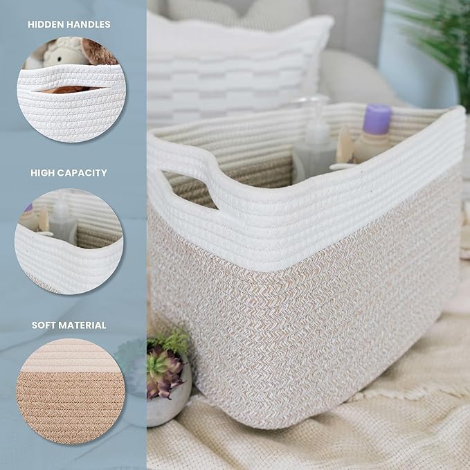 OrganiHaus Cotton Rope Basket for Shelf - Woven Storage Basket for Organizing, Closet & Toy Storage - Light Honey/Off-White - 15x9x10