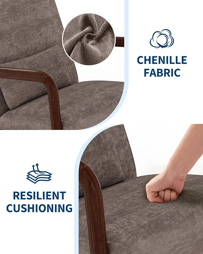 Garvee Mid-Century Modern Accent Chair, Chenille Upholstery, Solid Wood Armchair with Removable Lumbar Pillow, Sturdy Reading Chair for Living Room, Bedroom, Guest Room, Easy Assembly, Brown