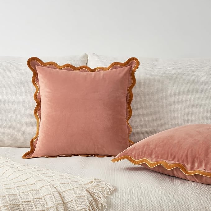 MONDAY MOOSE Decorative Throw Pillow Covers Cushion Cases, Set of 2 Soft Velvet Scalloped Wavy Edge Designs, Mix and Match for Home Decor, Pillow Inserts Not Included (16x16 inch, Pink/Honey)