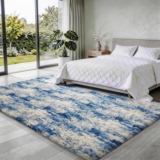 Ophanie Blue and Gray Area Rugs for Living Room 5x7,Navy Grey White Fluffy Shag Large Fuzzy Plush Soft Carpets,Floor Shaggy Rugs for Bedroom,Carpet Kids Boys Dorm Decor with Over 99 pcs Pile fibers