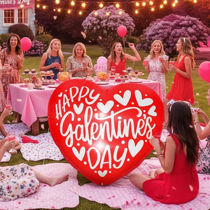 VIHOSE Happy Galentines Day Inflatables Decorations 4.3 ft Pink Valentine Day Blow up Decor Heart LED Lights Inflatable Decor for Ladies Girls Friends Valentine Party Photo Props