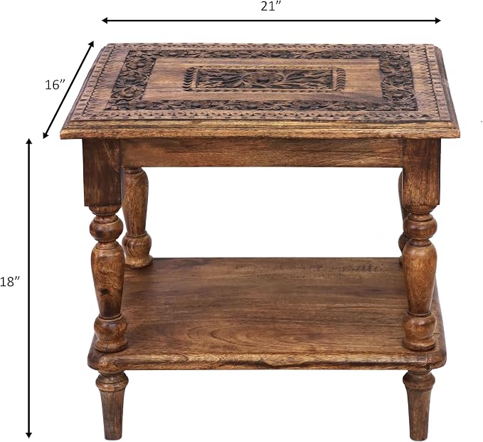 COTTON CRAFT Solid Wood End Table - Hand Carved Vintage Farmhouse Boho Side Table with Bottom Shelf - Small Spaces Entryway Living Room Bedside - No Tools Assembly - 21x16x18 - Brown