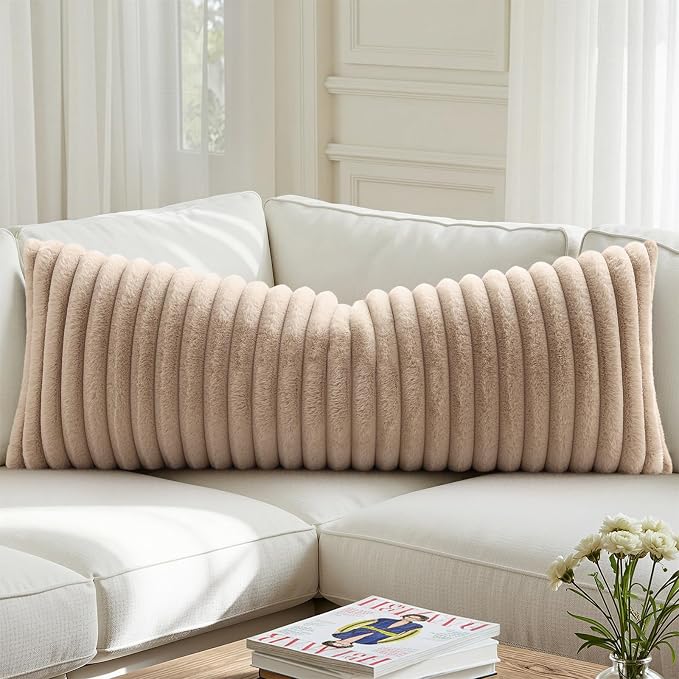 decorUhome Fall Cozy Faux Fur Throw Pillow Covers 14x36 Pack of 1 Decorative Soft Plush Striped Lumbar Modern Farmhouse Boho Couch Pillow Cases with Velvet Back for Sofa Bed Living Room, Khaki Brown