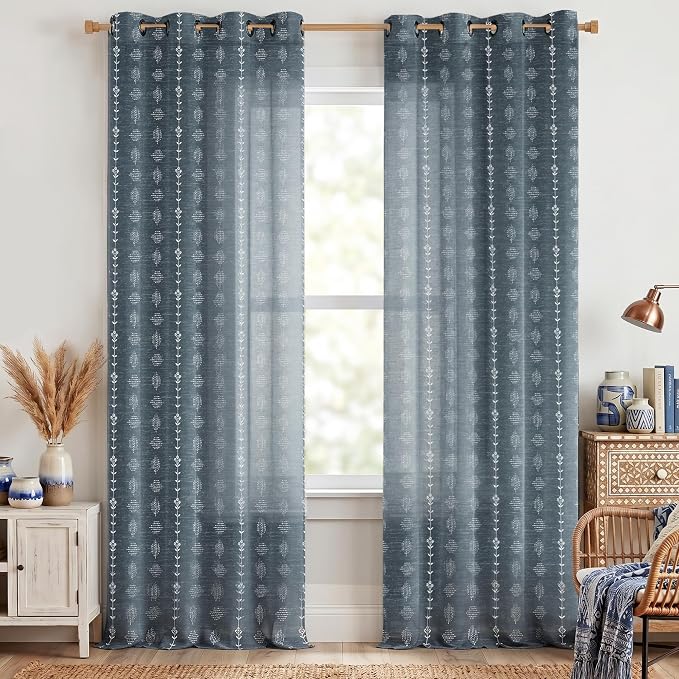 Blue Curtains 96 Inches Long,Sheer Boho Pattern Stripe Farm House Curtains 2 Panels for Living Room Bedroom,Navy and White