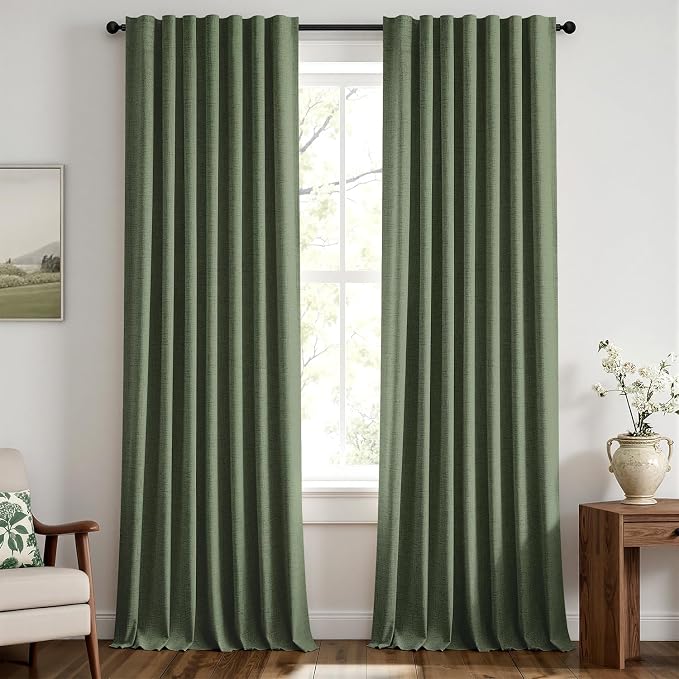 MIULEE 100% Blackout Linen Curtains for Bedroom, Olive Green Solid Luxury Decor Thermal Insulation Room Darkening Drapes for Living Room Back Tab Rod Pocket 42 x 96 Inches, 2 Panels