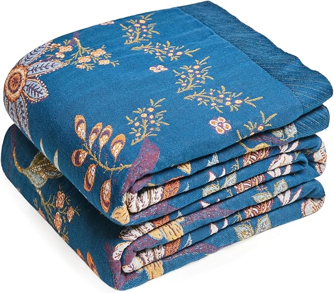 Boho Throw Blanket - 100% Cotton Ultra Soft Muslin Spring Blanket, 60"x80" Lightweight Floral Butterfly Framhouse Bedding Blanket for Bed, All Season Blue Bohemian Bedroom Home Decor Quilt