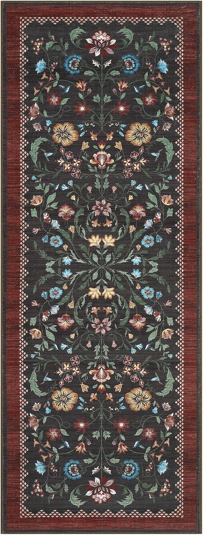 GarveeHome Floral Rug 2.5x10 Runners for Hallways, Boho Kitchen Runner Rugs Non Slip Bath Runners, Vintage Washable Runner Rug for Bedroom, Soft Long Rugs for Entryway Bathroom Laundry Dorm, Red