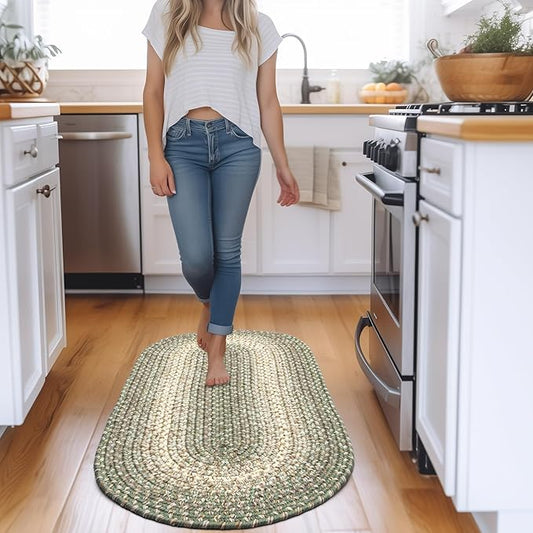 Super Area Rugs Braided Rugs Farmhouse Kitchen Rug - Ridgewood Braided Rug for Living Room - Reversible - Indoor/Outdoor - Made in USA - Forest Green/Beige, 2' X 6' Oval Runner